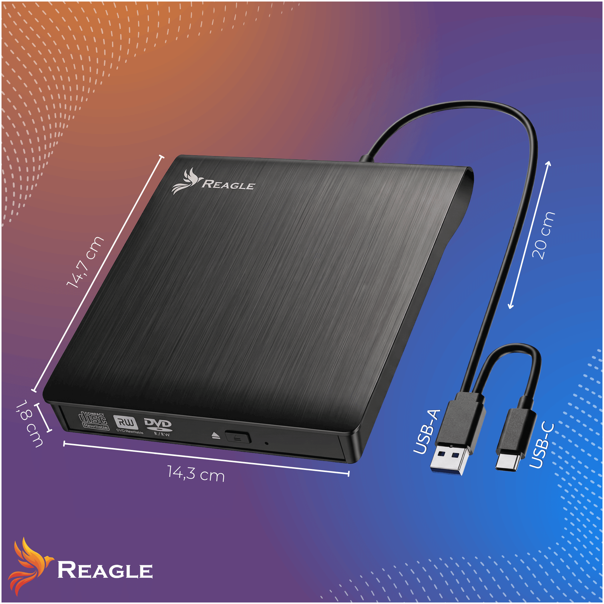 Schwarzes externes CD/DVD-Laufwerk mit USB-A und USB-C Kabel sowie Maßangaben.