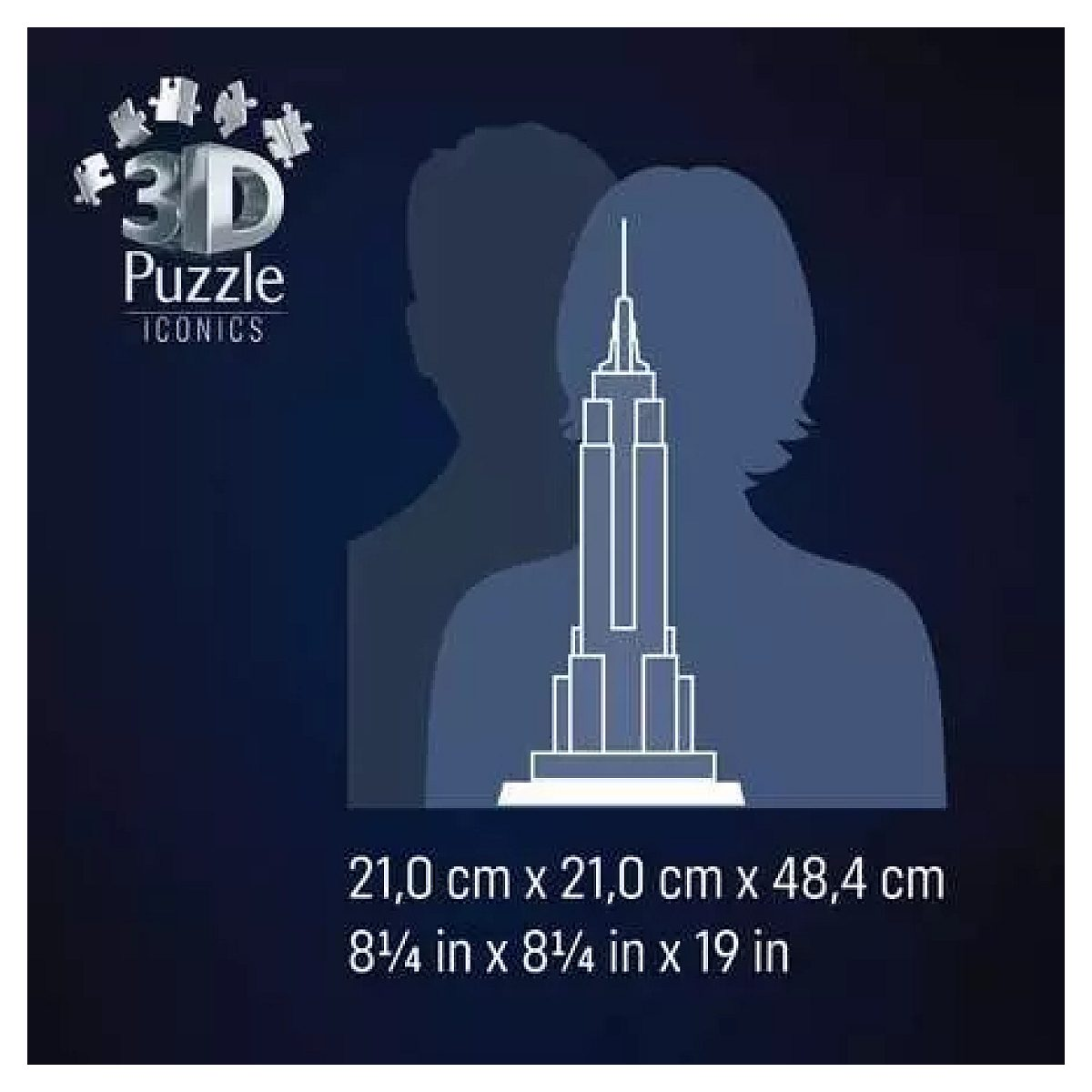 El empaque del producto muestra las dimensiones de un rompecabezas 3D del Empire State.
