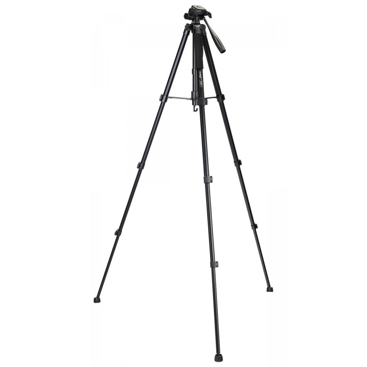Un treppiede per fotocamera nero si erge su uno sfondo bianco semplice.