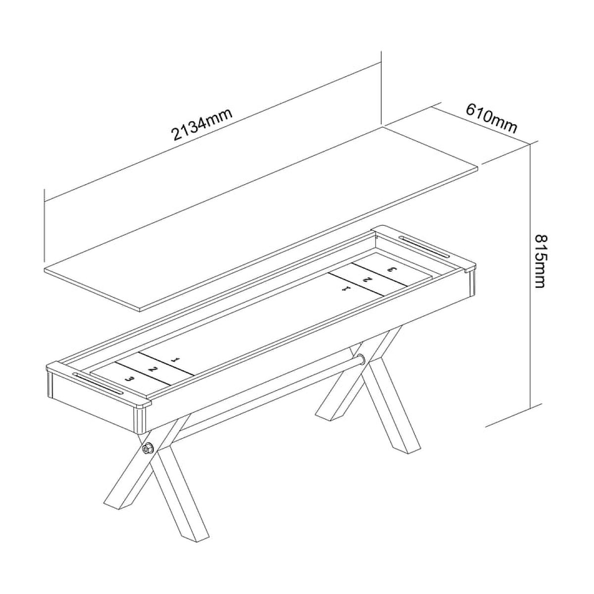 Technische Strichzeichnung eines Shuffleboard-Tisches mit Maßen von 2134mm Länge, 610mm Breite und 815mm Höhe.