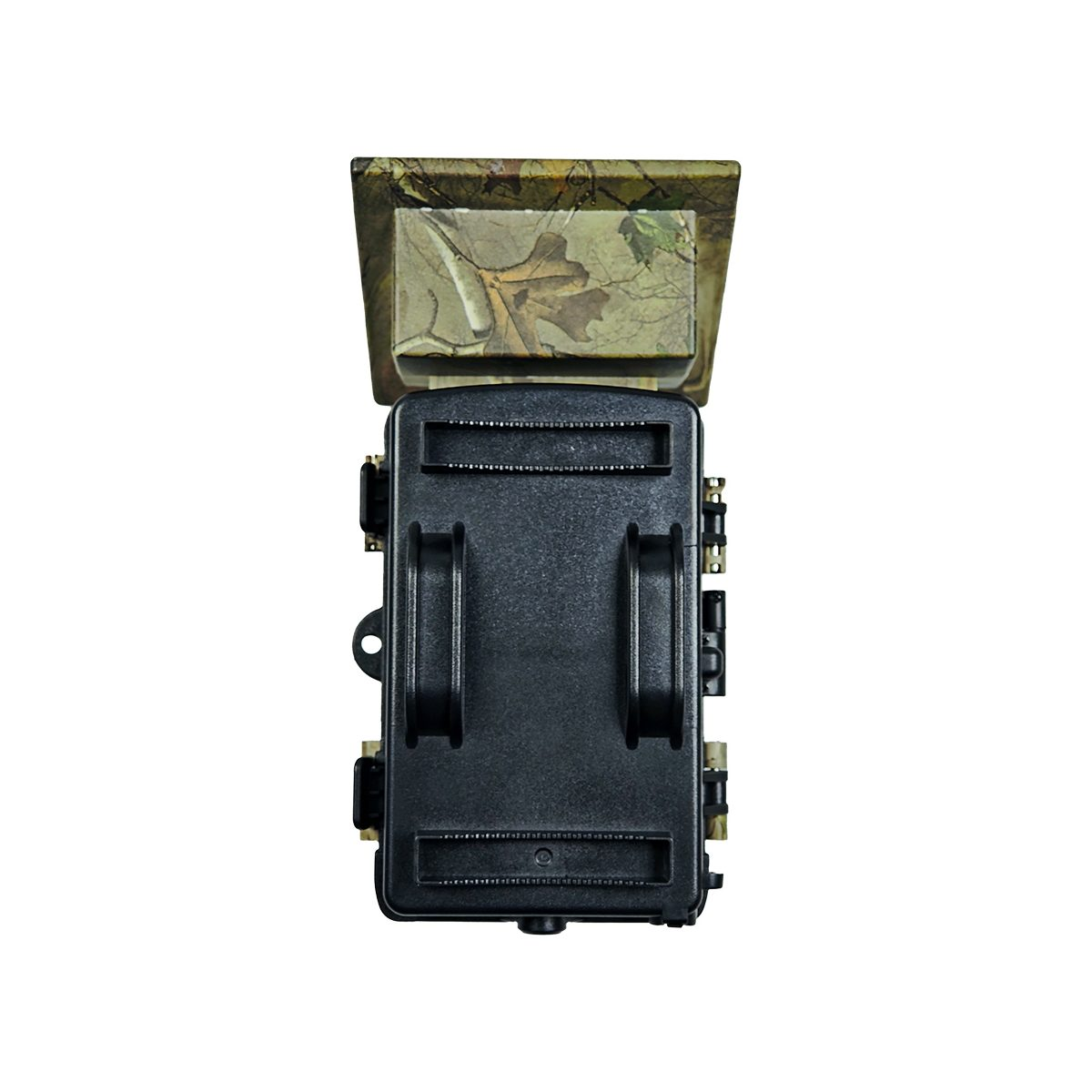 Eine schwarze Wildkamera mit Camouflage-Dach vor weißem Hintergrund.