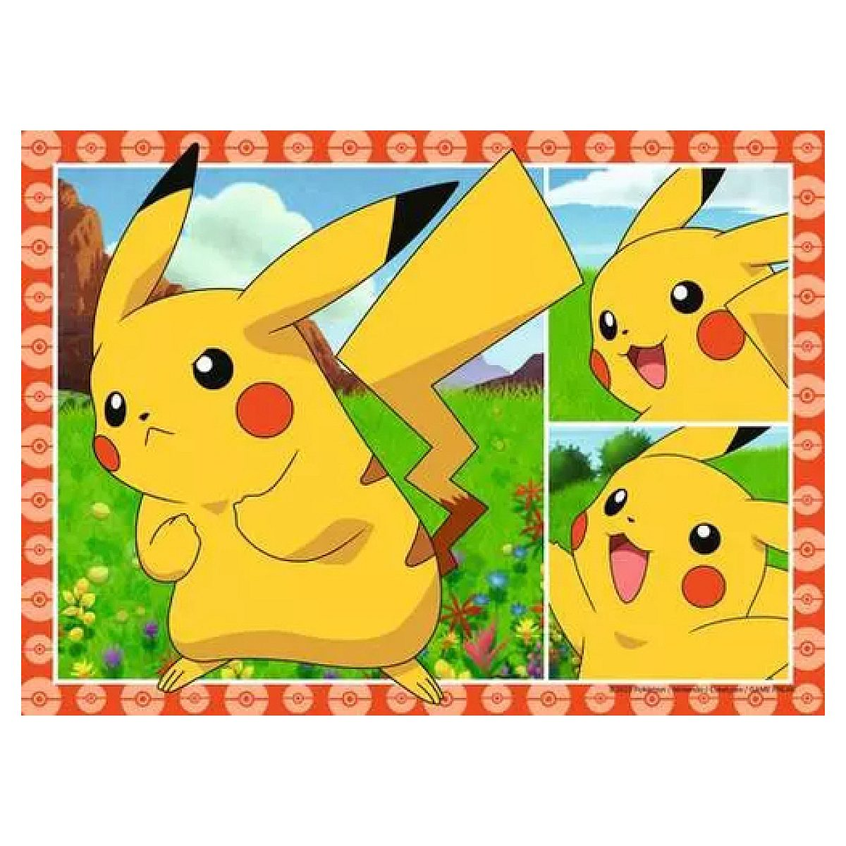 Pikachu mit gelbem Fell, roten Wangen und gezacktem Schwanz vor einer Blumenwiese und blauem Himmel.