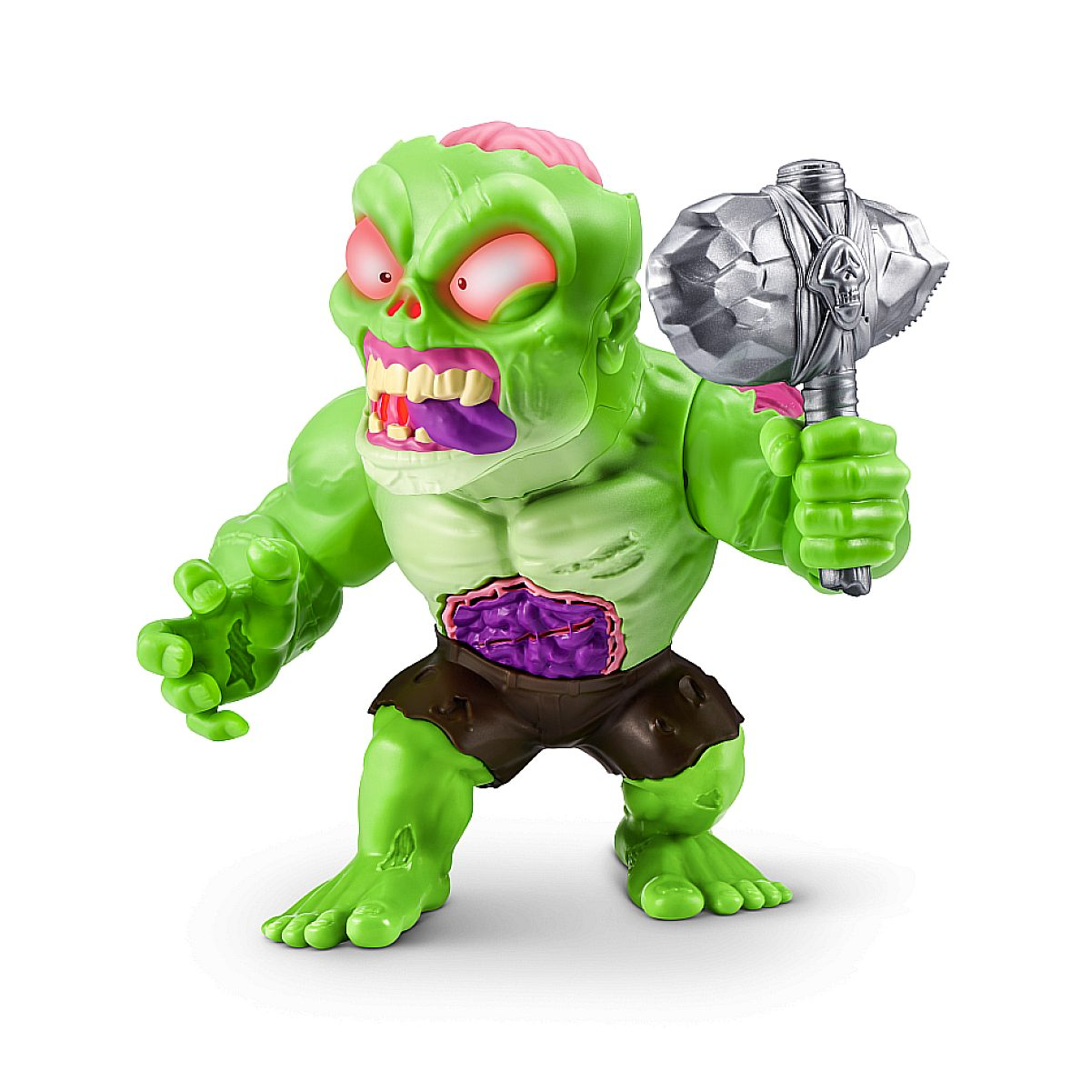 Grüne Zombie-Spielzeugfigur mit freiliegendem Gehirn, blutigem Mund und einem silbernen Hammer in der Hand.