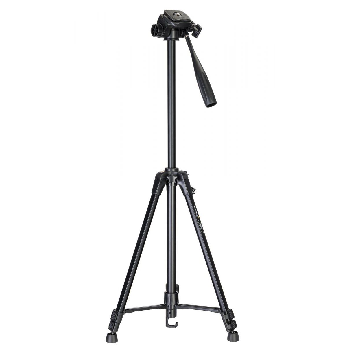 Un treppiede per fotocamera nero con tre gambe, una colonna centrale e una testa panoramica su sfondo bianco.