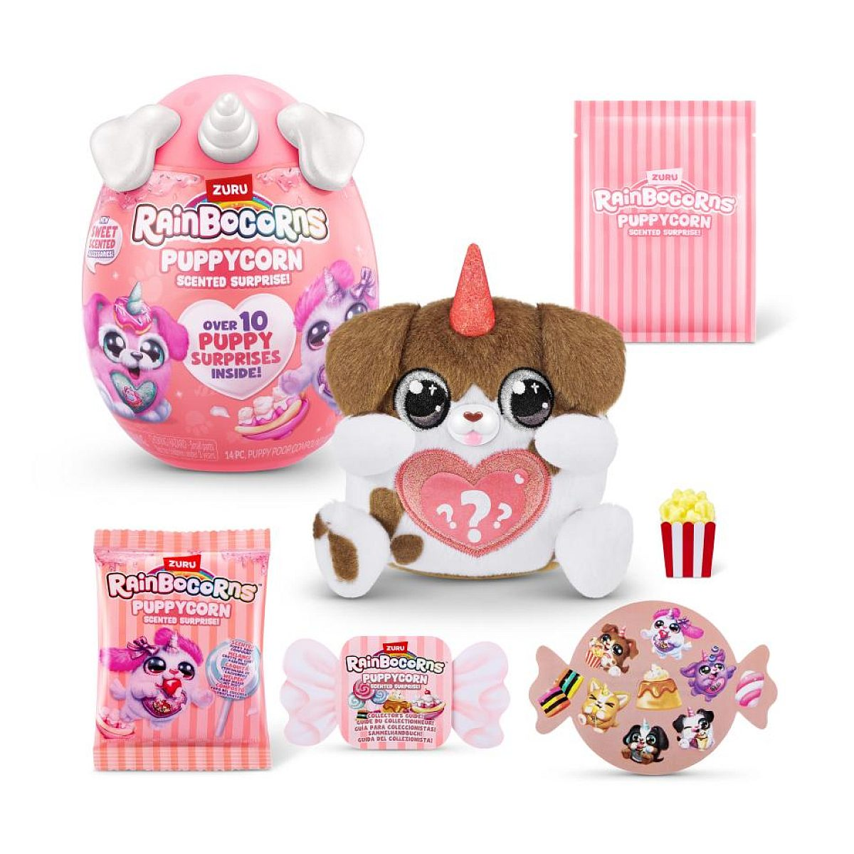 Ein Rainbocorns Puppycorn-Plüschtier mit Ei, Zubehör und Aufklebern.