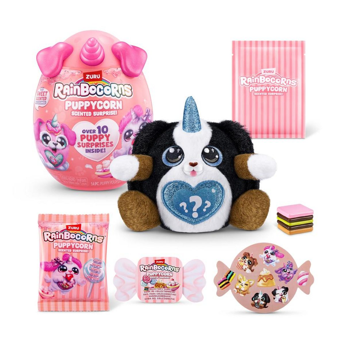 Regenbogen-Puppycorn-Plüschtier mit Ei, Zubehör und süßen Überraschungen auf weißem Hintergrund.