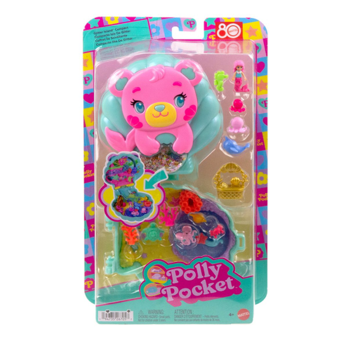 Polly Pocket Spielset in Muschelform mit rosa Bär, kleinen Figuren und Zubehör auf bunter Verpackung.