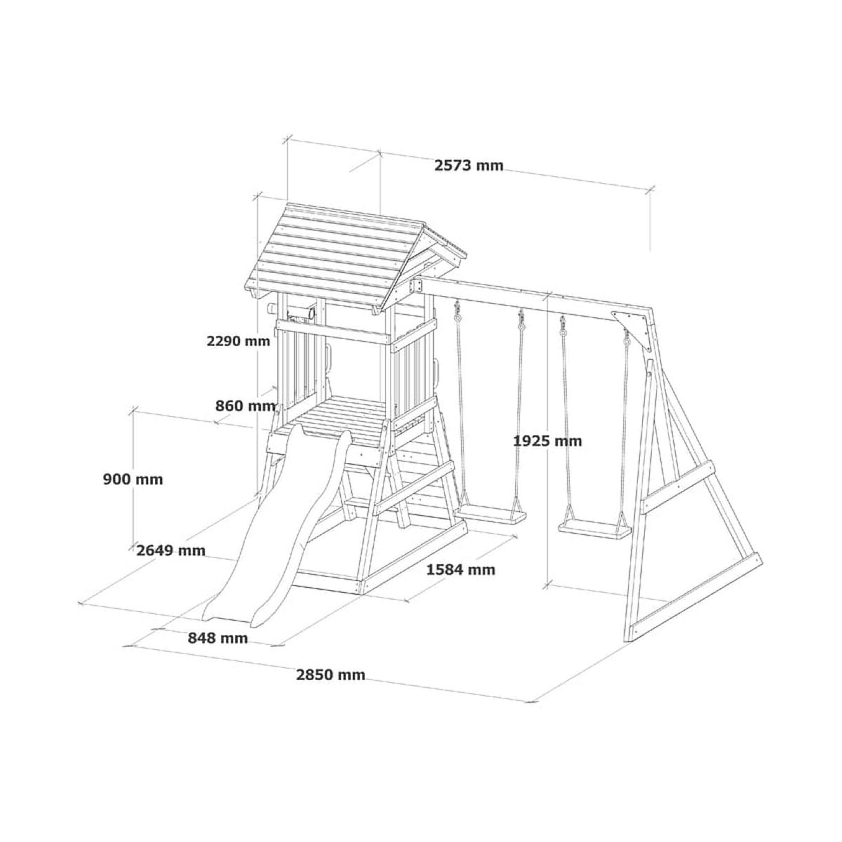 Technische Zeichnung eines Holzspielplatzes mit Rutsche und zwei Schaukeln sowie Maßangaben.