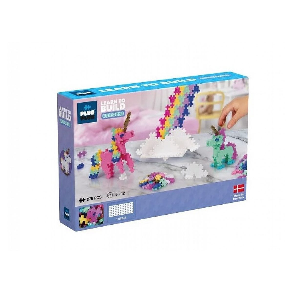 Eine Verpackung für ein Plus-Plus-Spielset "Einhörner bauen" mit bunten Bausteinen und Modellen von Einhörnern.