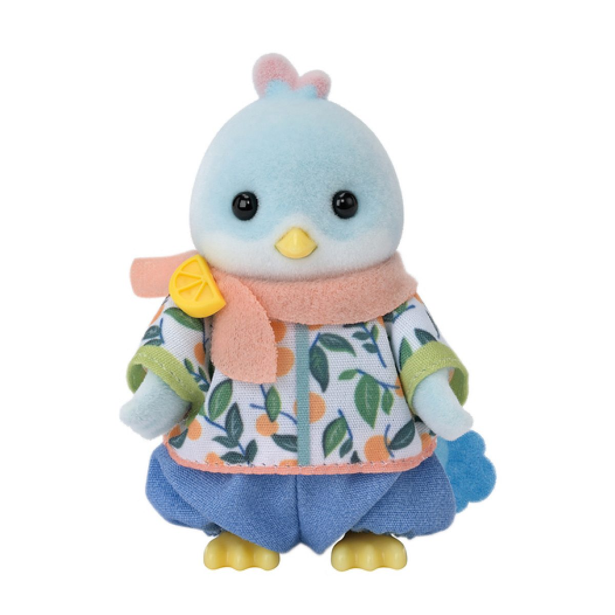 Una figura de pájaro de peluche con cabeza azul claro, bufanda y túnica estampada sobre fondo blanco.