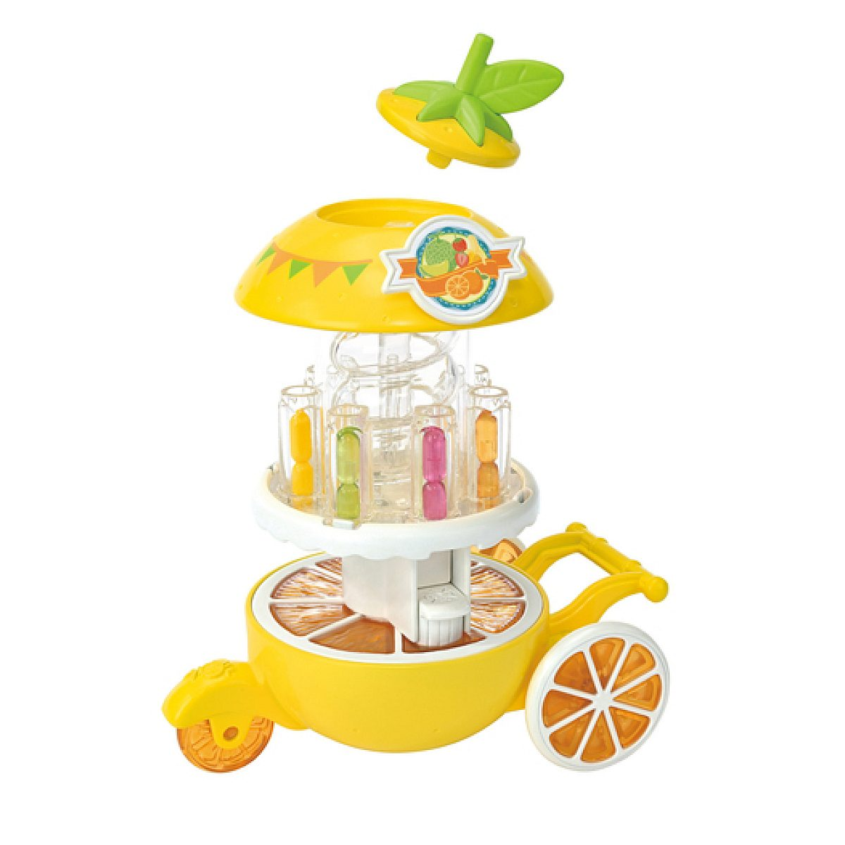 Un carrito de jugos amarillo con ruedas, detalles de naranja, tubos con líquidos de colores y tapa de limón.