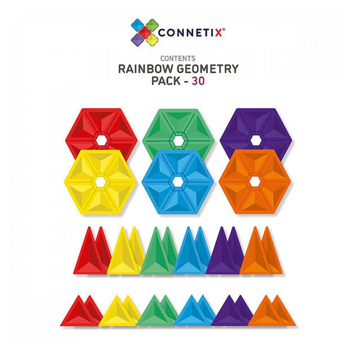 Connetix Regenbogen Geometrie Packungsinhalt mit bunten magnetischen Fliesen und Pyramiden.