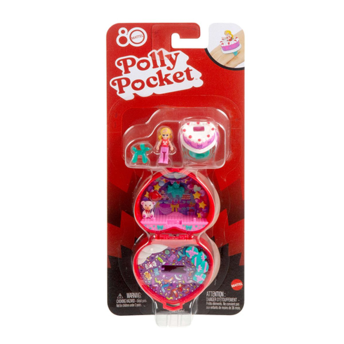 Set de juego Polly Pocket en empaque rojo con pequeñas figuras.