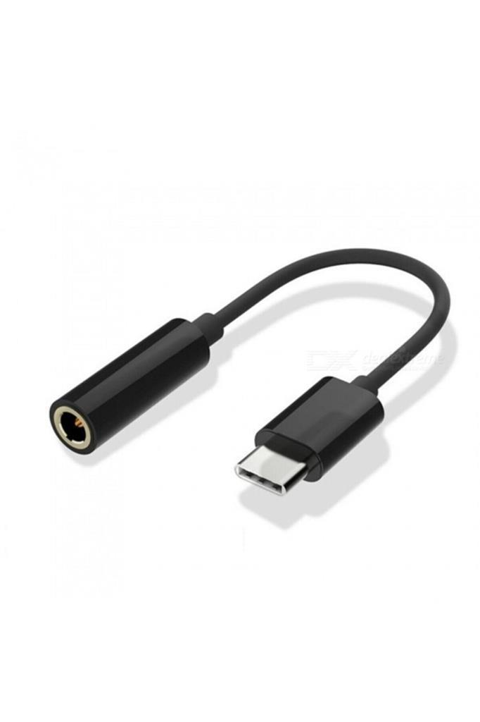 Beyaz arkaplan üzerinde siyah USB Type-C - 3.5 mm ses jakı adaptörü.