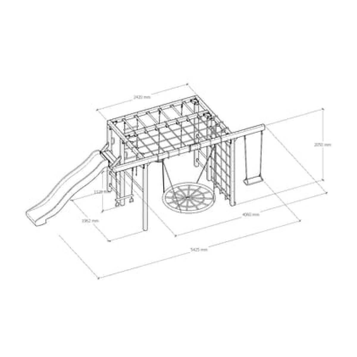 Technische Zeichnung eines Holzspielplatzes mit Rutsche, Kletternetz und Schaukeln sowie Maßen.