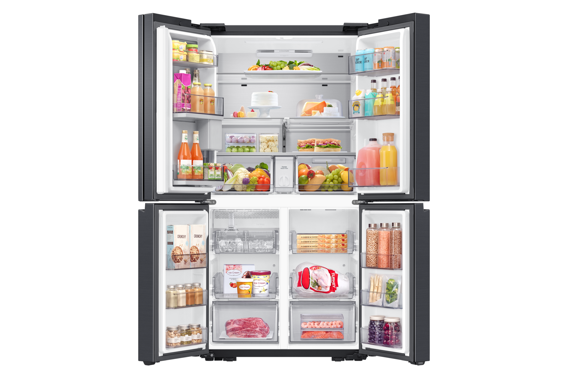 Ein geöffneter, dunkelgrauer Kühlschrank, gefüllt mit frischem Obst, Gemüse, Getränken und Lebensmitteln.