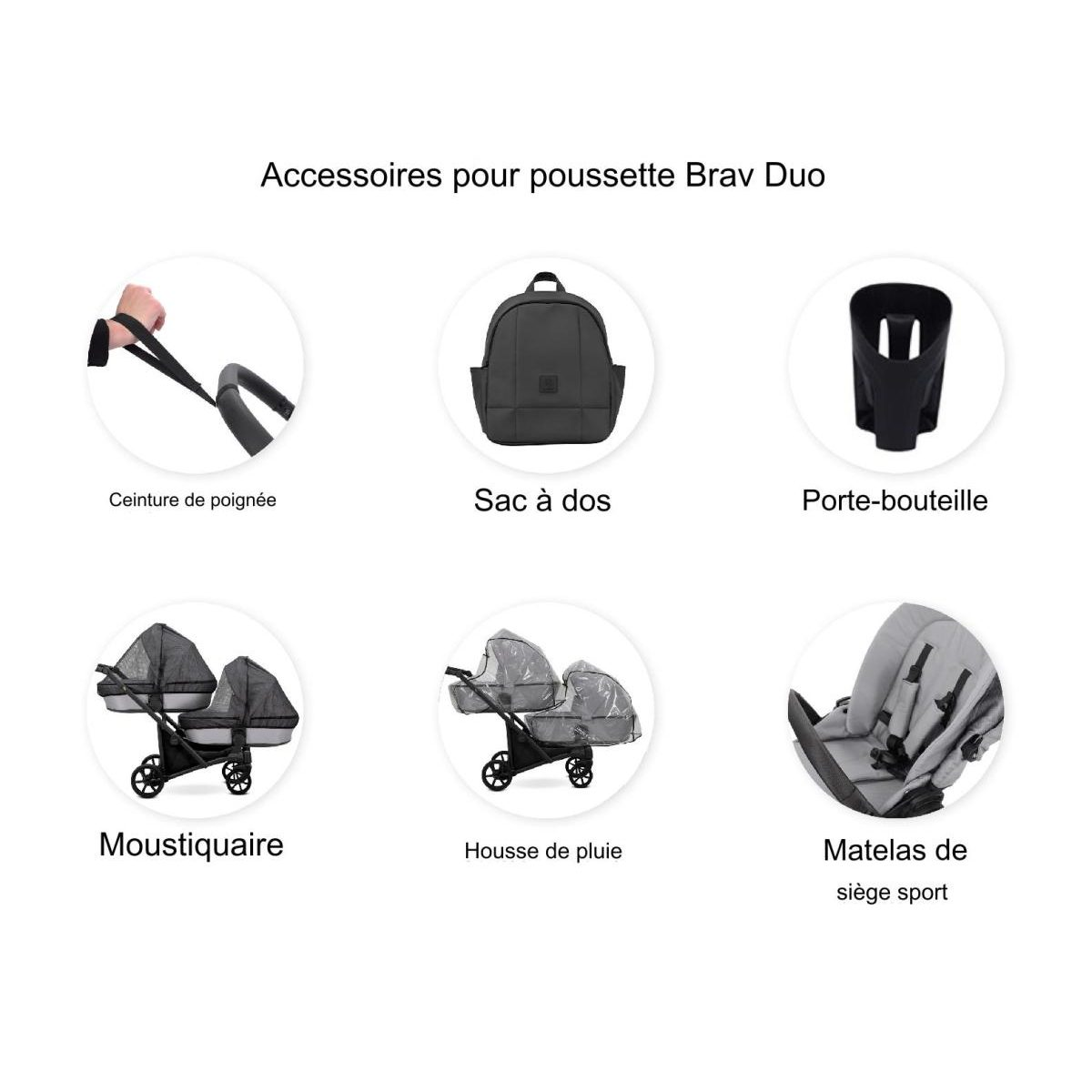 Übersicht von Zubehör für den Brav Duo Kinderwagen, inklusive Rucksack, Flaschenhalter und Regenschutz.