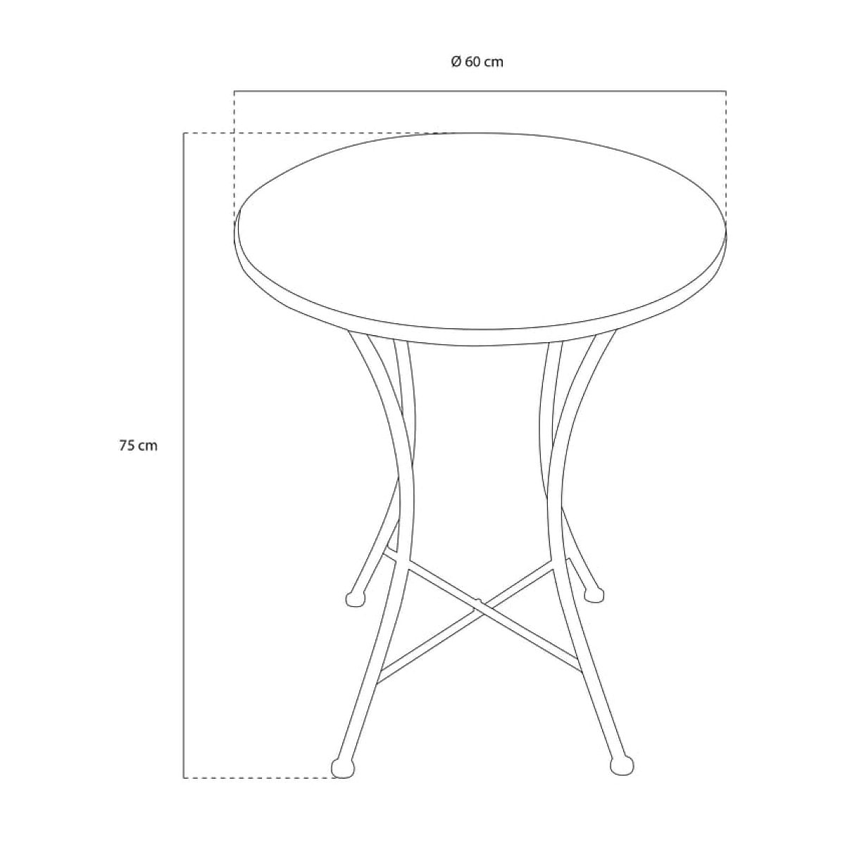 Linienzeichnung eines runden Tisches mit 60 cm Durchmesser und 75 cm Höhe.