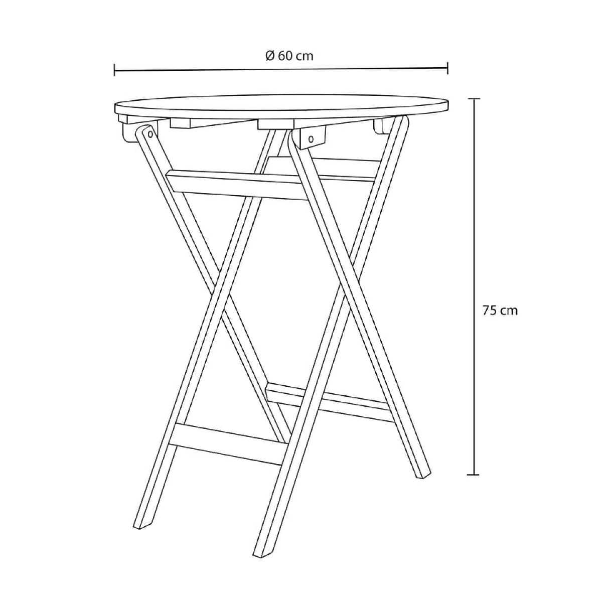 Technische Zeichnung eines runden Klapptisches mit 60 cm Durchmesser und 75 cm Höhe.