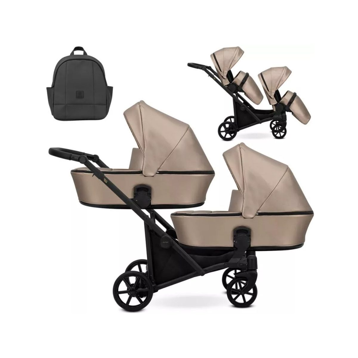 Ein doppelter Kinderwagen in Beige mit schwarzem Gestell und dazu passender Rucksack auf weißem Hintergrund.