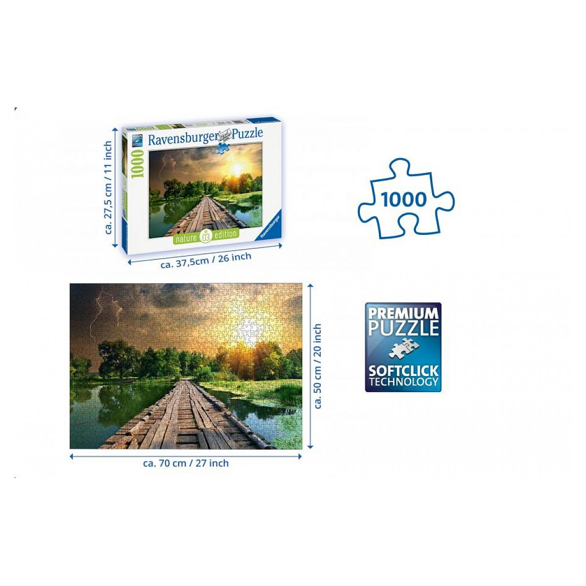 Ravensburger 1000-Teile-Puzzle zeigt einen Holzsteg im Gewitter mit Sonnenuntergang und Maßen.