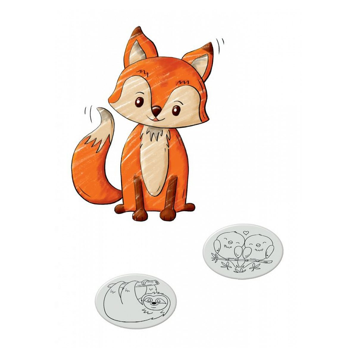 Ein süßer orangefarbenem Fuchs, eine Faultier-Zeichnung und zwei Vögel auf einem Zweig auf weißem Grund.