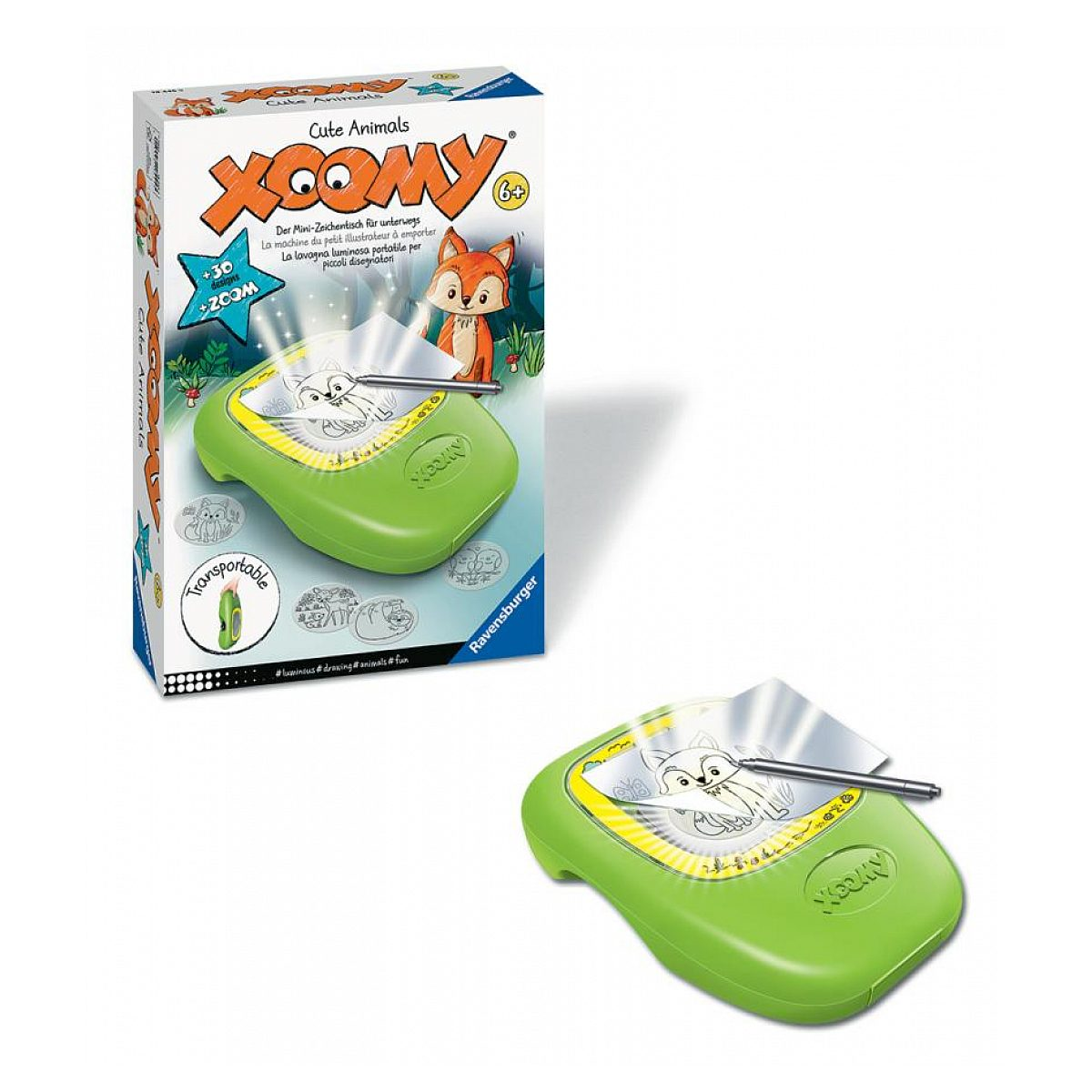 Grüner Xoomy Mini-Zeichentisch für unterwegs mit beleuchteter Projektionsfläche und Stift.