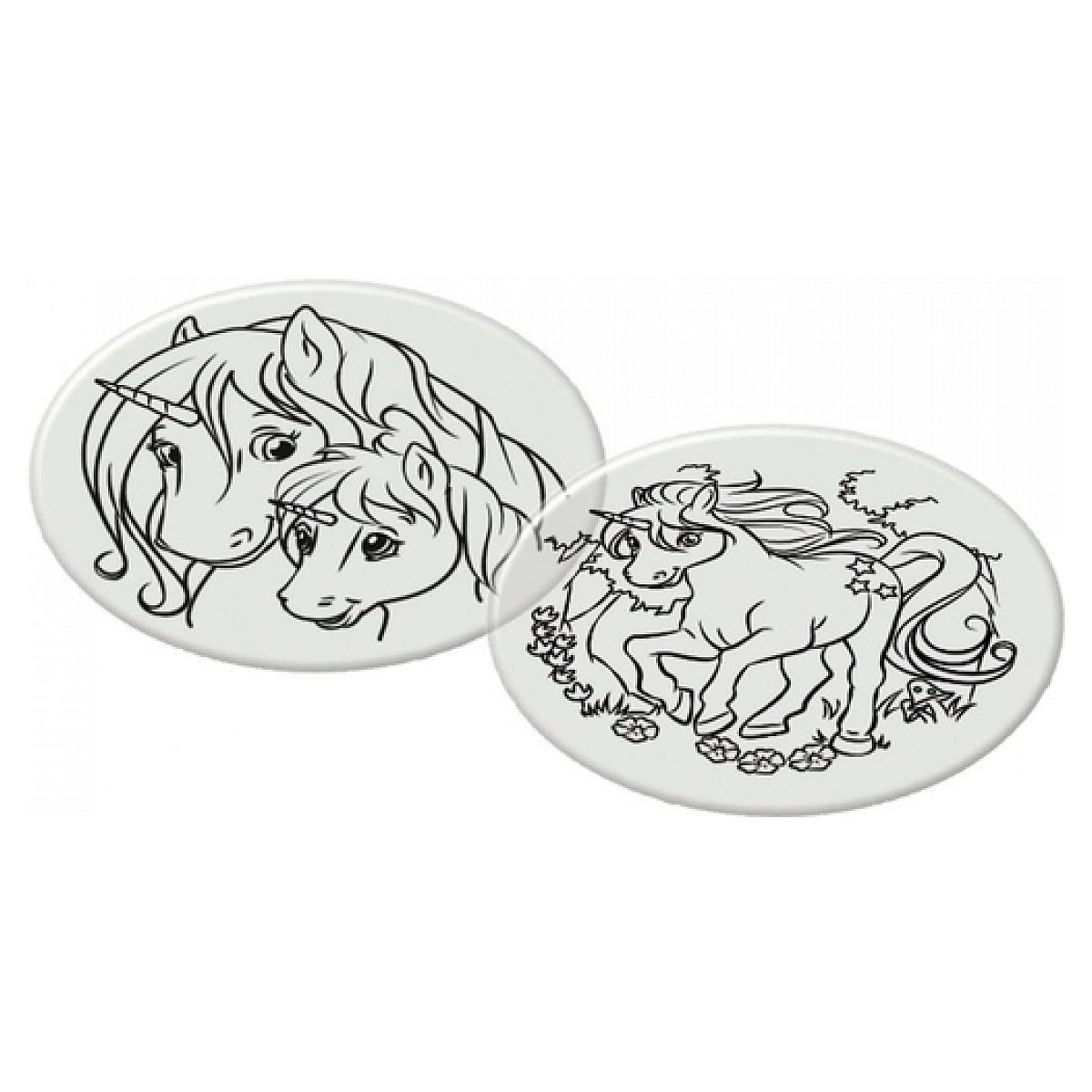 Zwei ovale Ausmalbilder mit Einhornmotiven in Schwarz-Weiss.