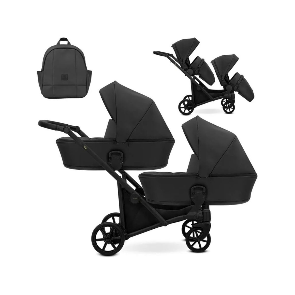 Ein schwarzer Doppel-Kinderwagen mit Bassins, ein kleineres Bild oben rechts und ein Rucksack links.