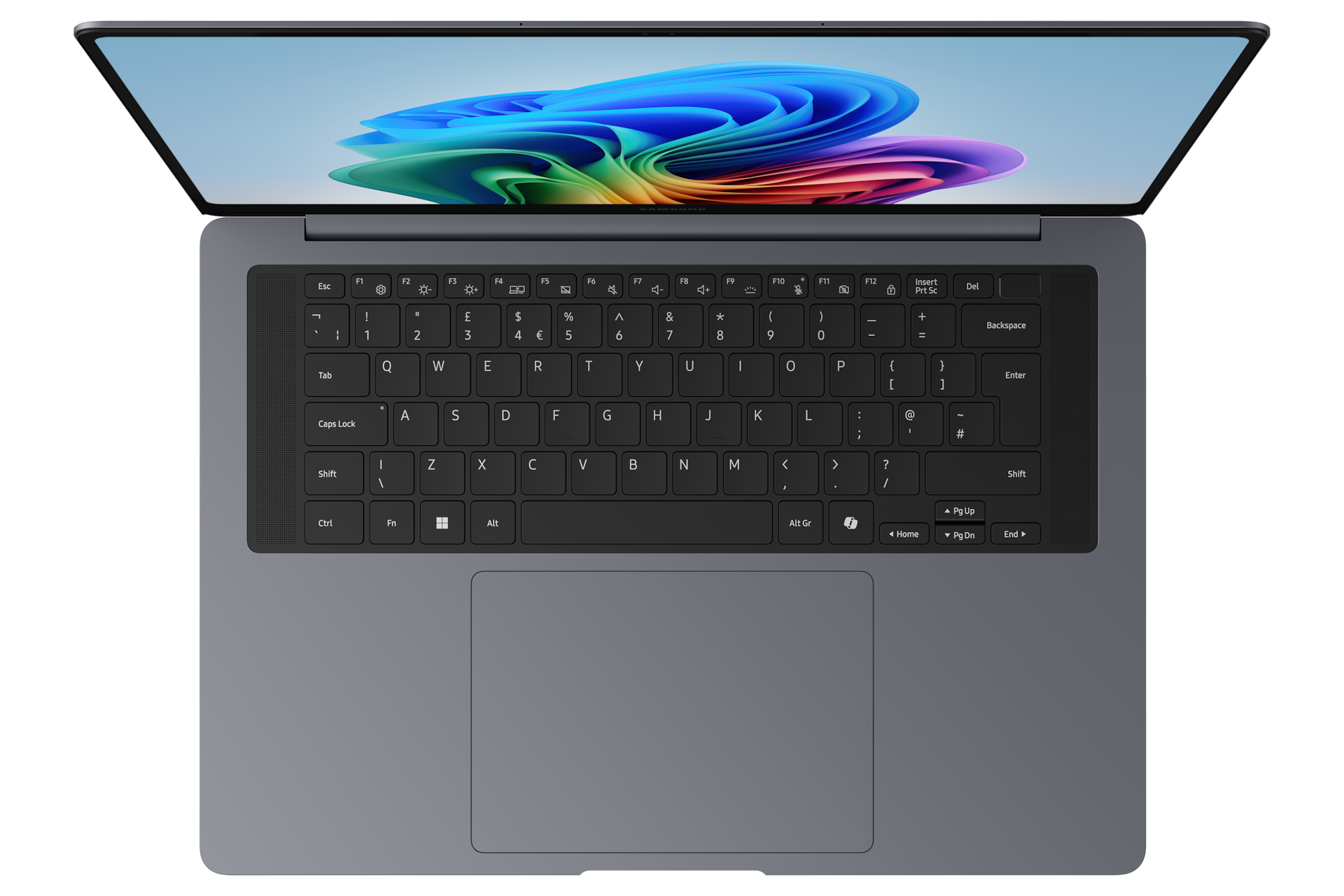 Draufsicht eines dunkelgrauen Laptops mit beleuchtetem Bildschirm, auf dem eine bunte abstrakte Welle zu sehen ist.