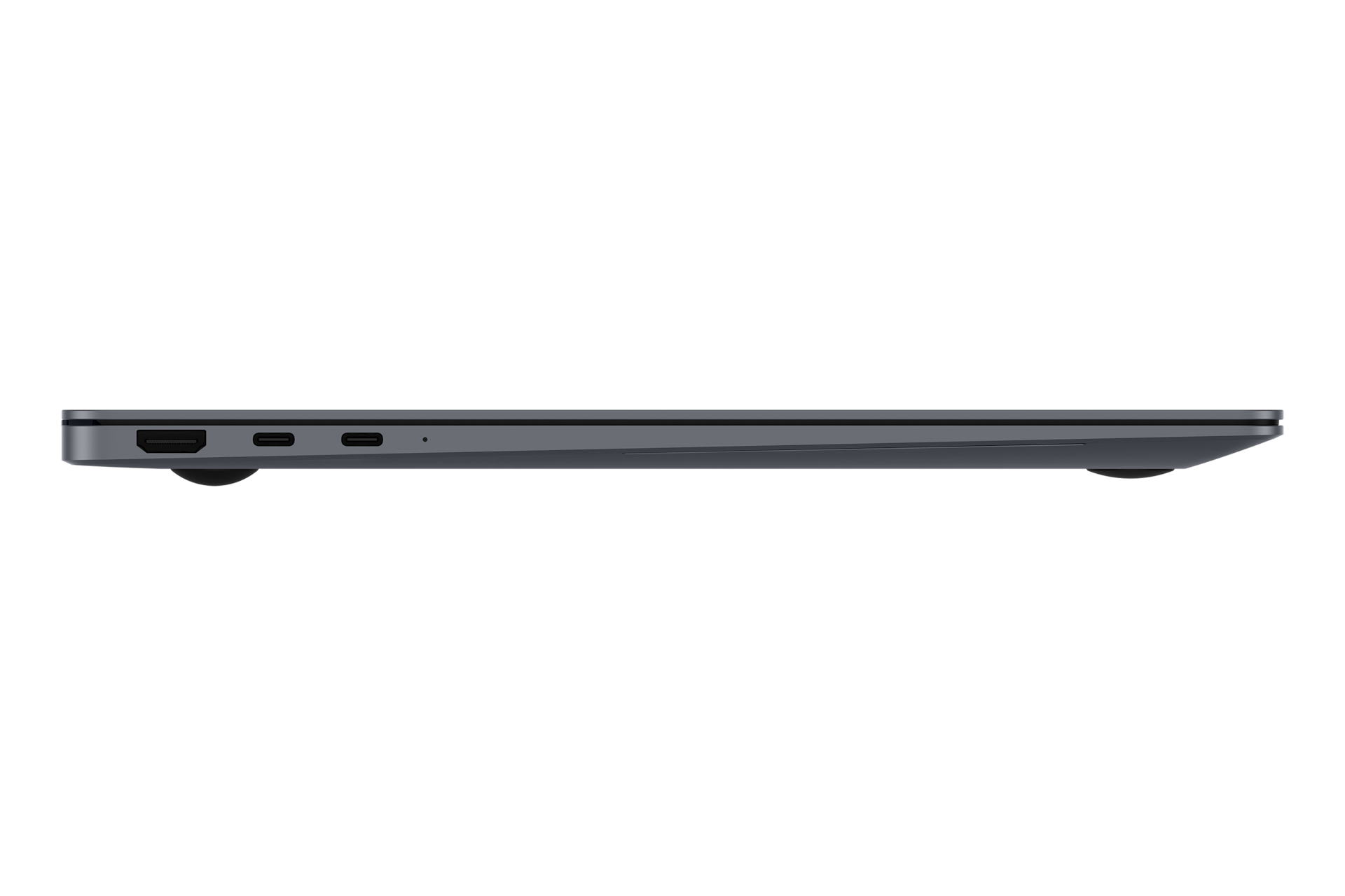 Seitenprofil eines geschlossenen dunklen Laptops auf schwarzem Hintergrund mit sichtbaren Anschlüssen.
