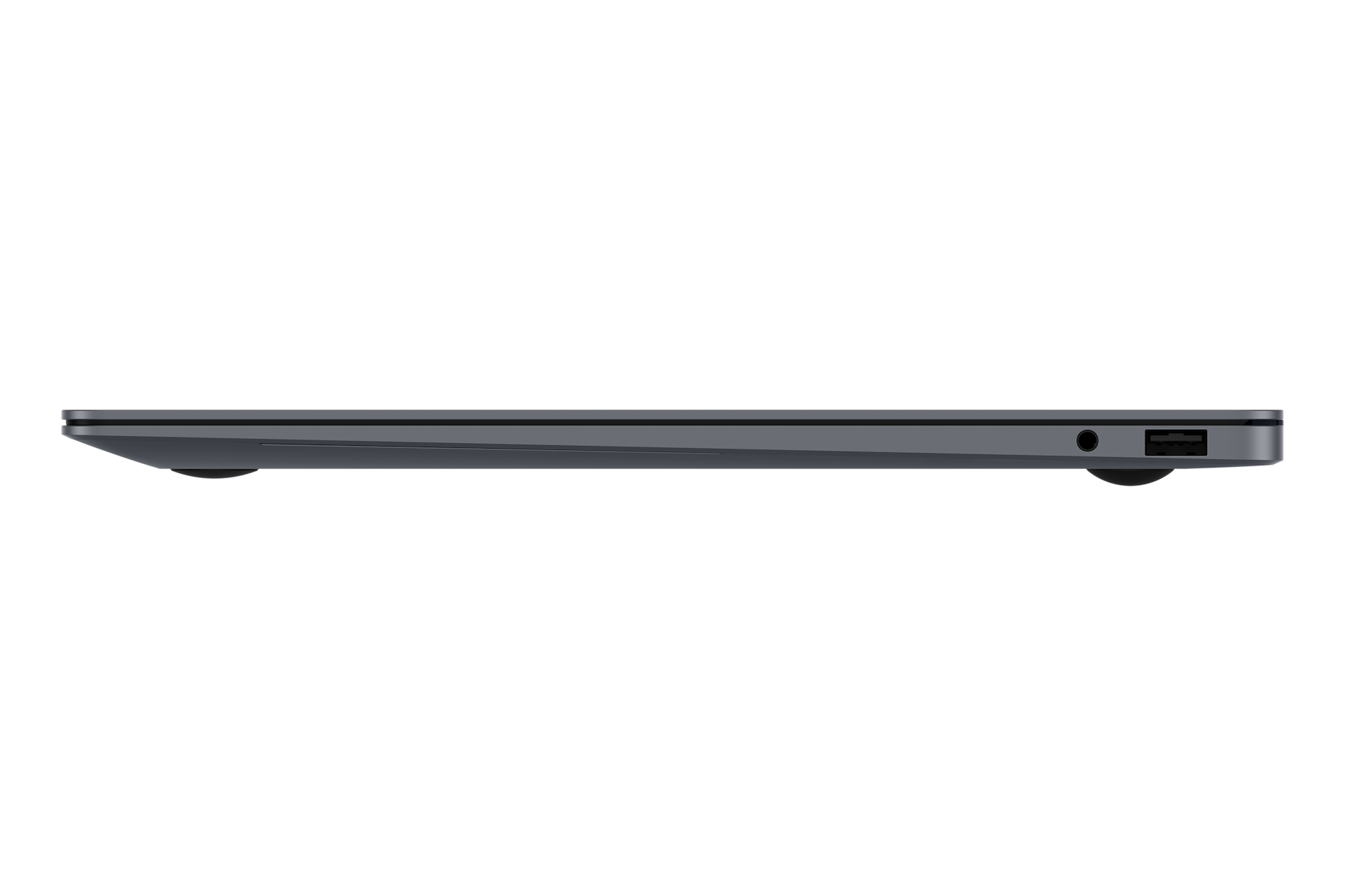 Seitenprofil eines geschlossenen grauen Laptops mit Kopfhöreranschluss und USB-Anschluss vor schwarzem Hintergrund.