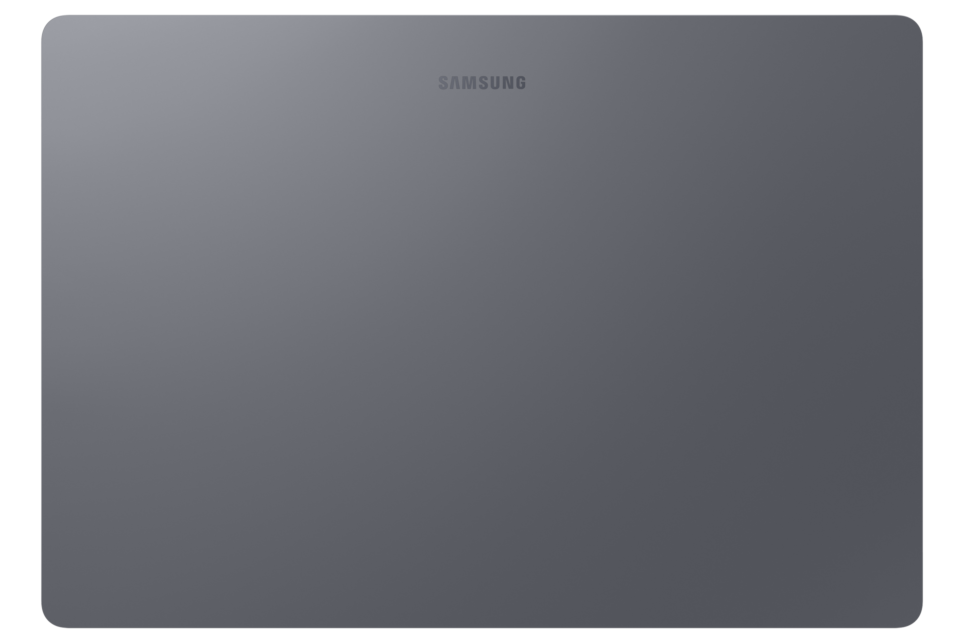 Die graue Rückseite eines Samsung-Tablets mit abgerundeten Ecken und zentriertem Logo oben.