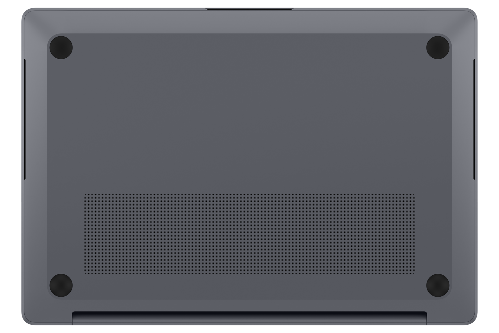 Unterseite eines grauen Laptops mit vier runden schwarzen Füßen und einem breiten Lüftungsgitter.