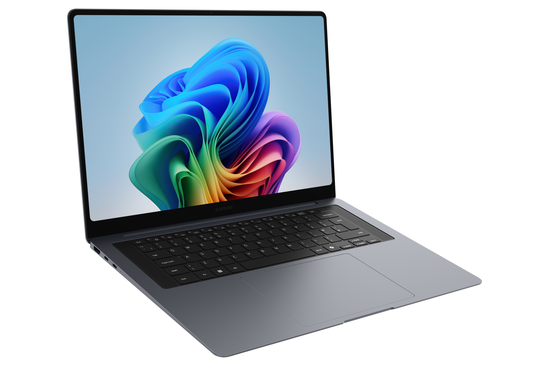Ein graues Laptop auf schwarzem Hintergrund zeigt ein farbenfrohes, abstraktes Blumen-Hintergrundbild.