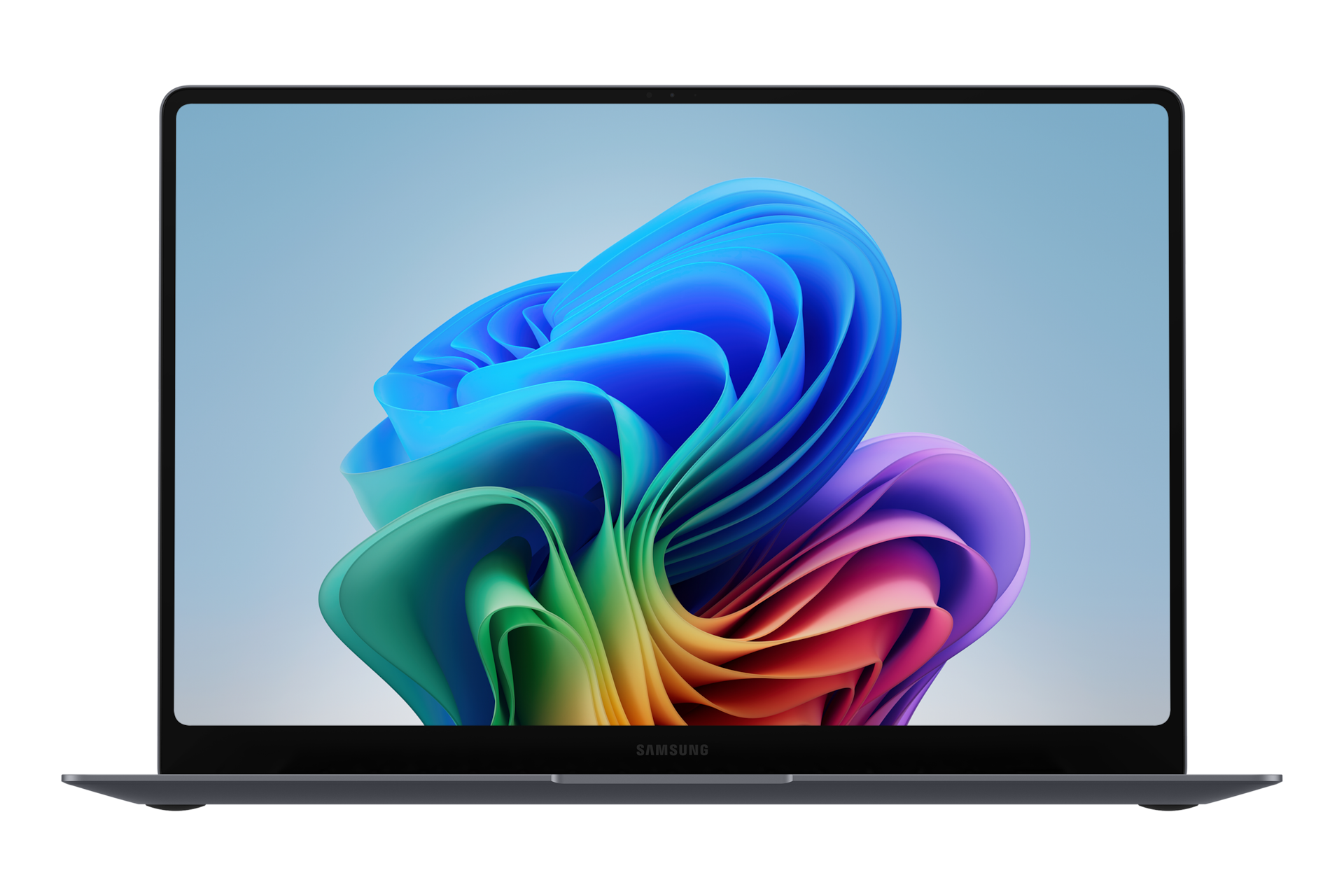Ein Laptop mit einem farbenfrohen, abstrakten Wellenmuster auf dem Bildschirm vor einem schwarzen Hintergrund.