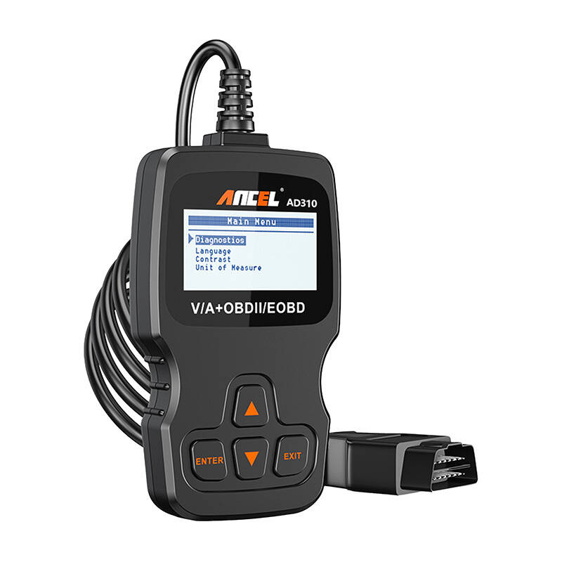 Uno scanner diagnostico OBD2 nero con schermo LCD, pulsanti e cavo collegato su sfondo bianco.