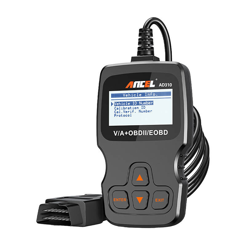 Uno scanner diagnostico OBD2 nero con schermo LCD, pulsanti di controllo e cavo.