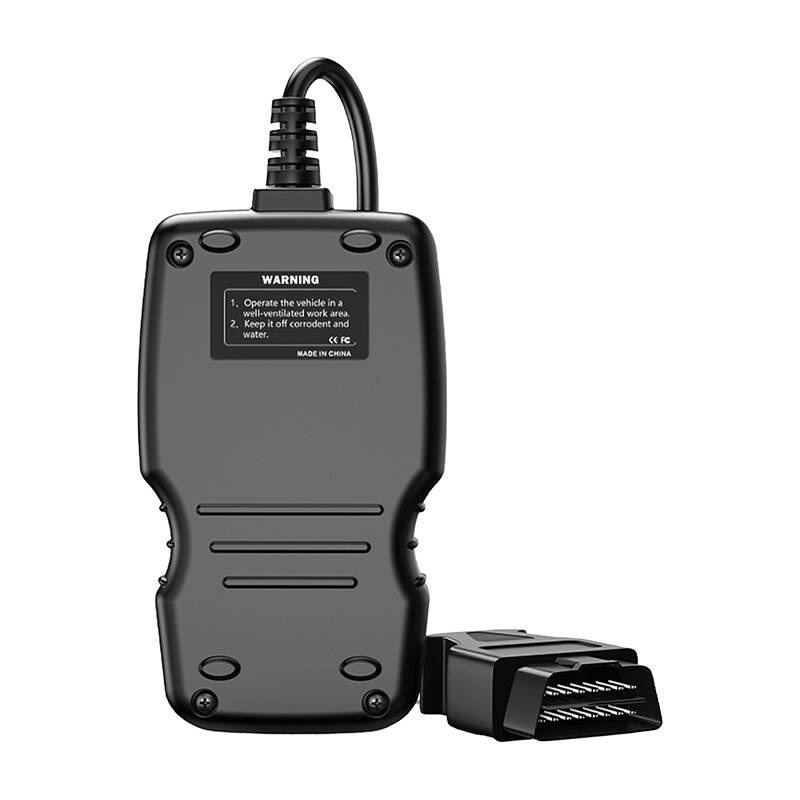 Dispositivo di diagnostica auto nero con etichetta di avvertenza e cavo con connettore OBD2.