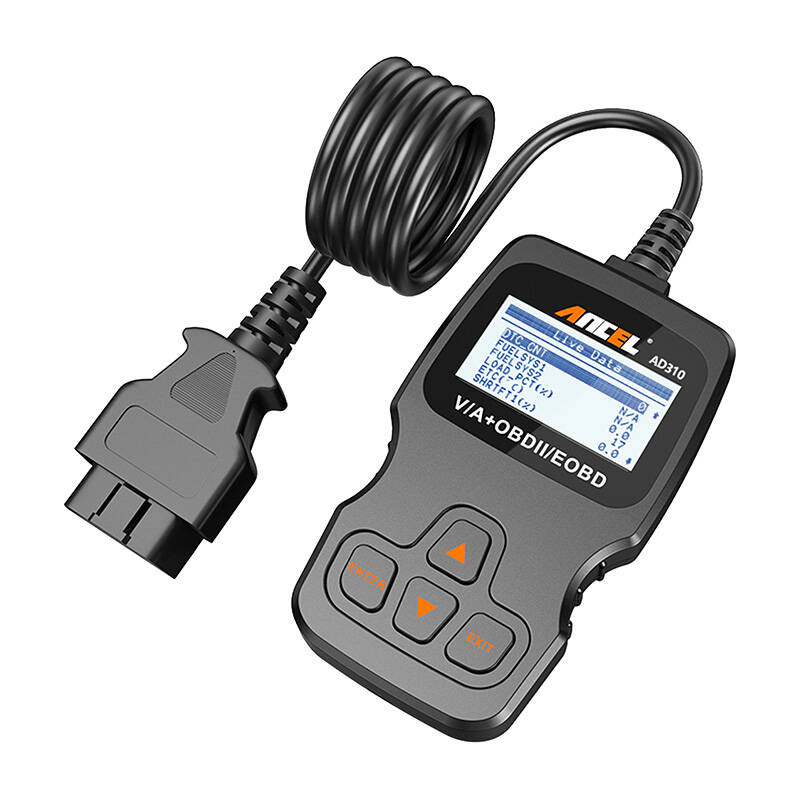 Uno scanner diagnostico OBD2 nero con schermo, pulsanti di navigazione e cavo.