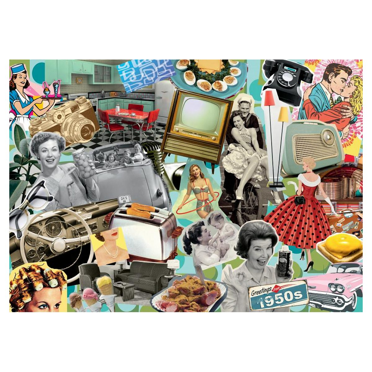 Un colorido collage retro de los años 50 con coches clásicos, moda, electrodomésticos, comida y cultura pop.