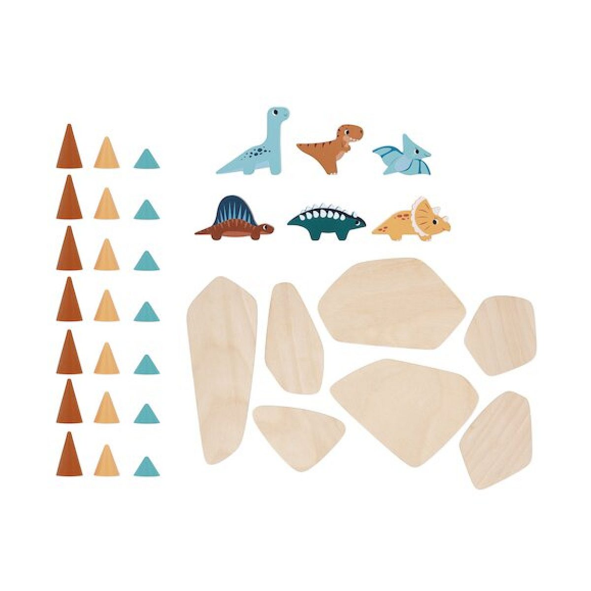 Holzspielzeug-Set mit bunten Dinosauriern, Bäumen und unregelmäßigen Steinen.