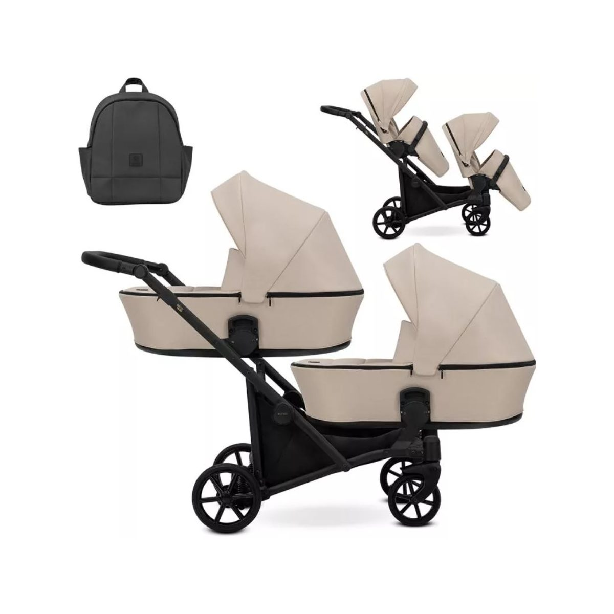 Ein beiger Doppel-Kinderwagen mit schwarzem Gestell und passendem grauen Rucksack vor weißem Hintergrund.