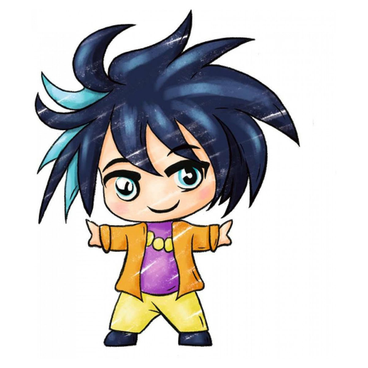 Anime-Charakter im Chibi-Stil mit spitzem blauem Haar, gelber Jacke und gelben Hosen auf weißem Hintergrund.