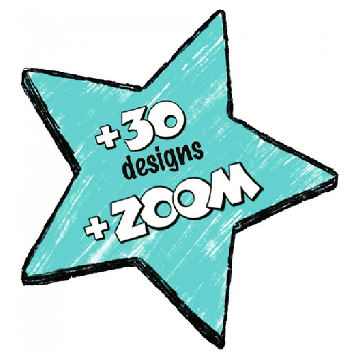 Ein blauer Stern mit den Texten +30 designs und +ZOOM.