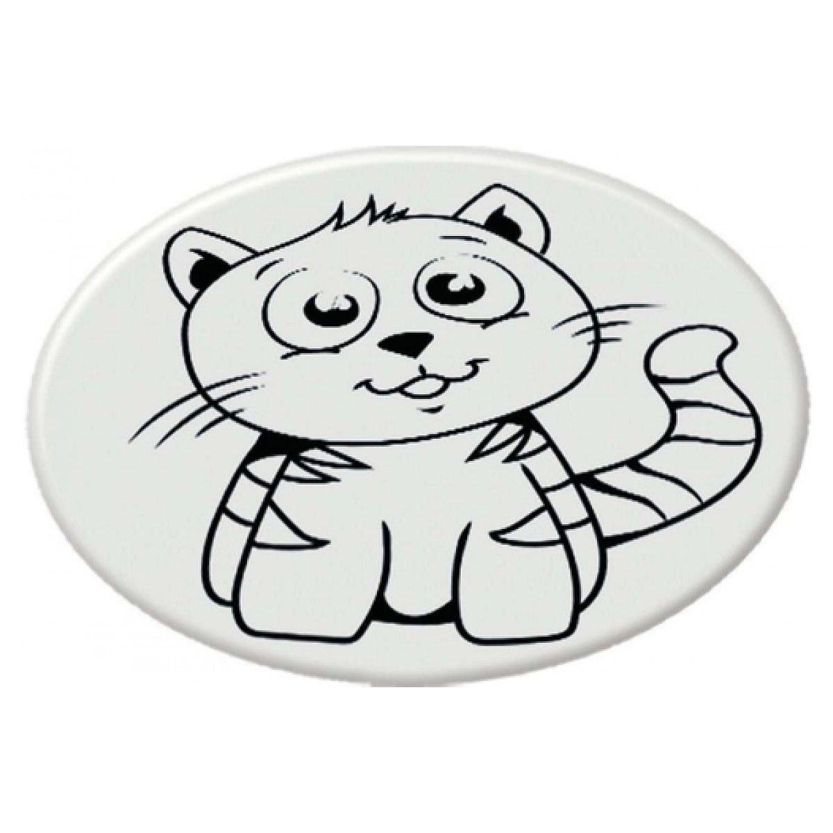 Eine einfache Schwarz-Weiß-Zeichnung einer niedlichen Cartoon-Katze mit großen Augen im Oval.