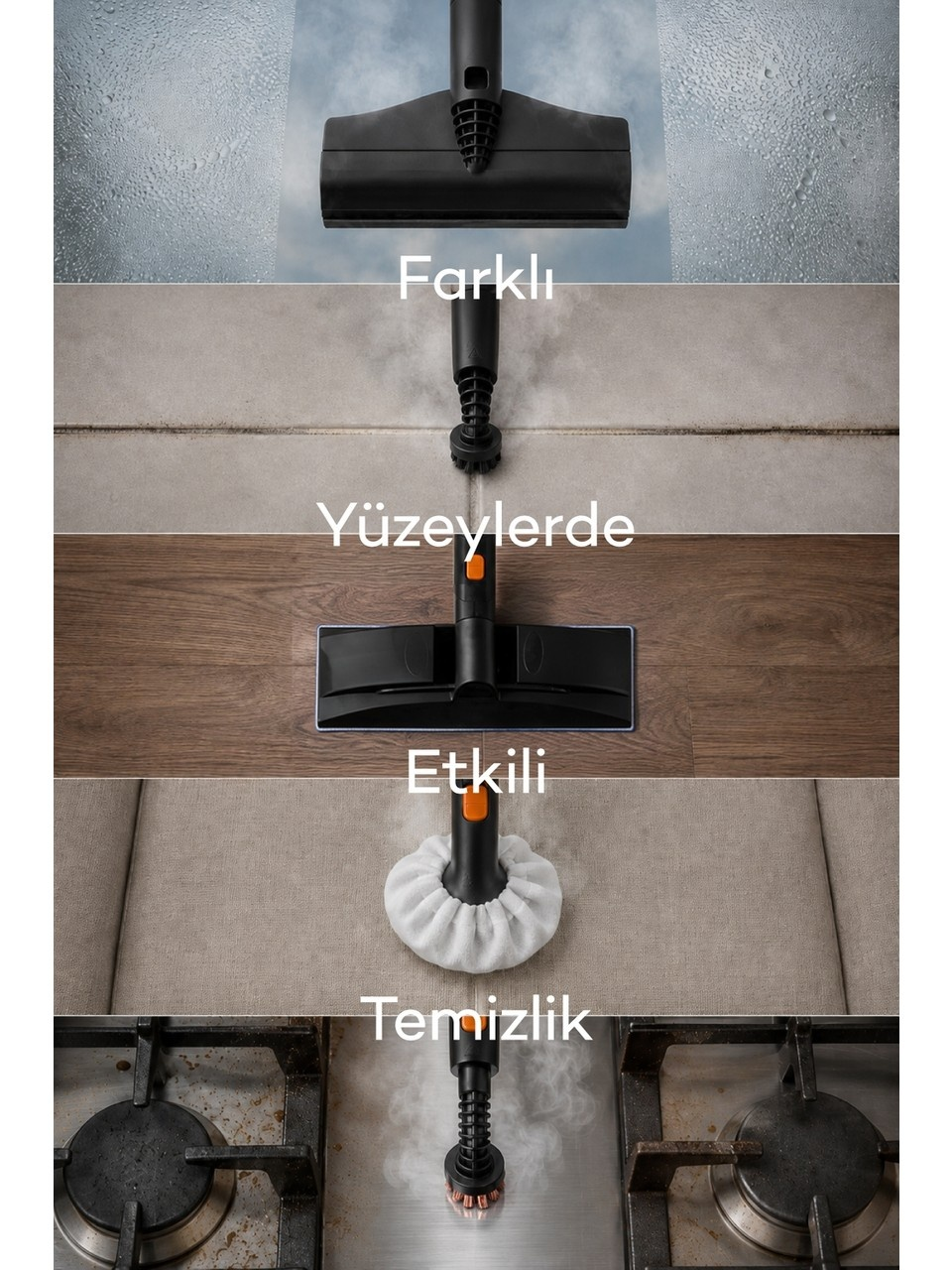 Beş bölmeli görsel, cam, fayans, ahşap, döşeme ve ocak için farklı buharlı temizleyici başlıklarını gösteriyor.