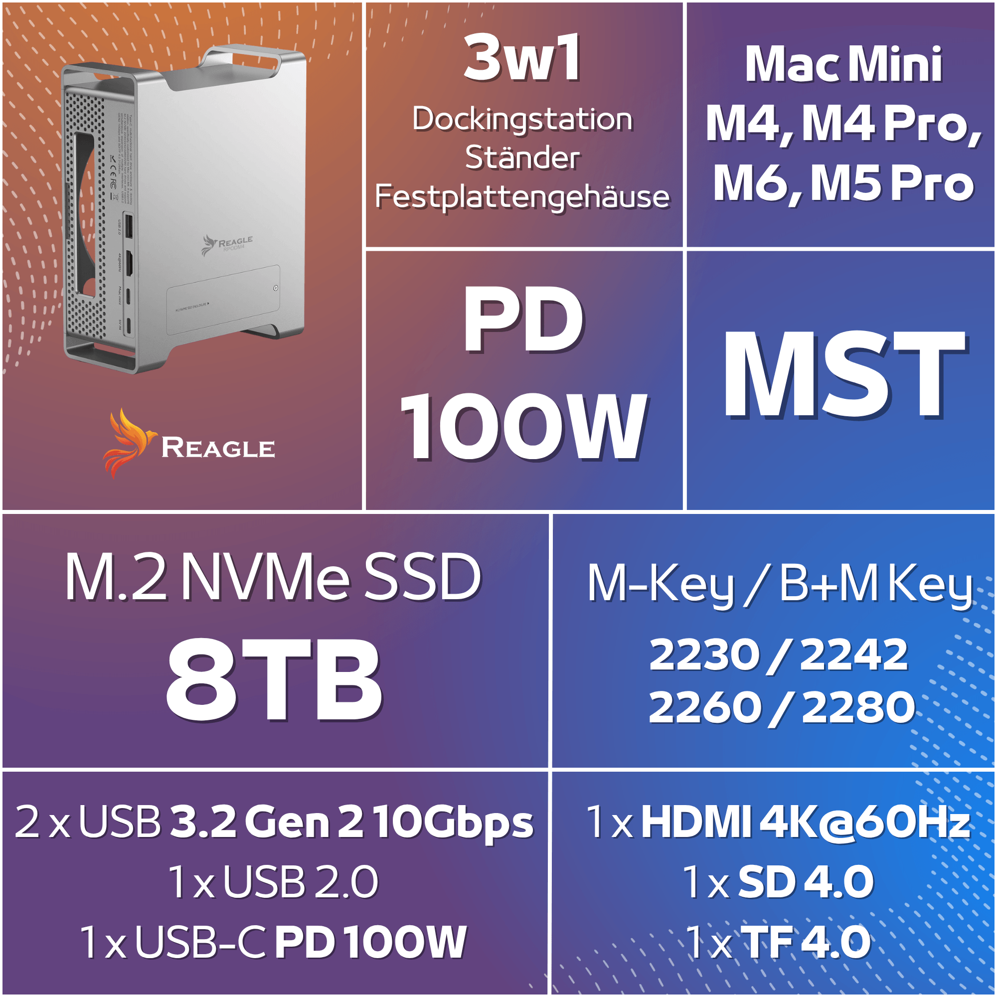 Silberne Reagle Dockingstation für Mac Mini mit SSD-Gehäuse und diversen Anschlüssen.