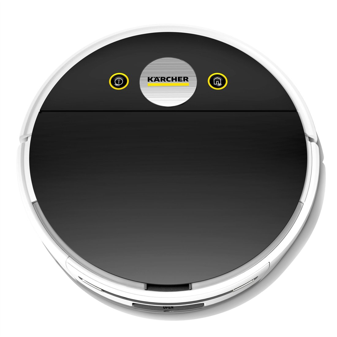 Vista dall'alto di un robot aspirapolvere Kärcher bianco e nero con pulsanti e logo.