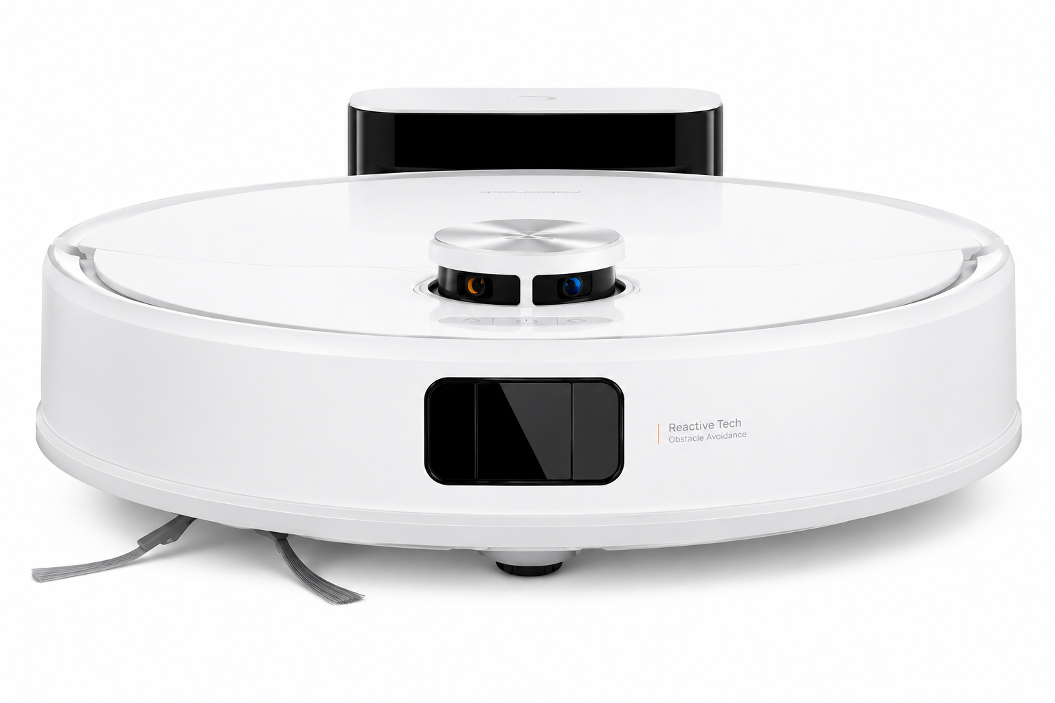 Un robot aspirapolvere bianco con sensori, una fotocamera e una base di ricarica sullo sfondo bianco.